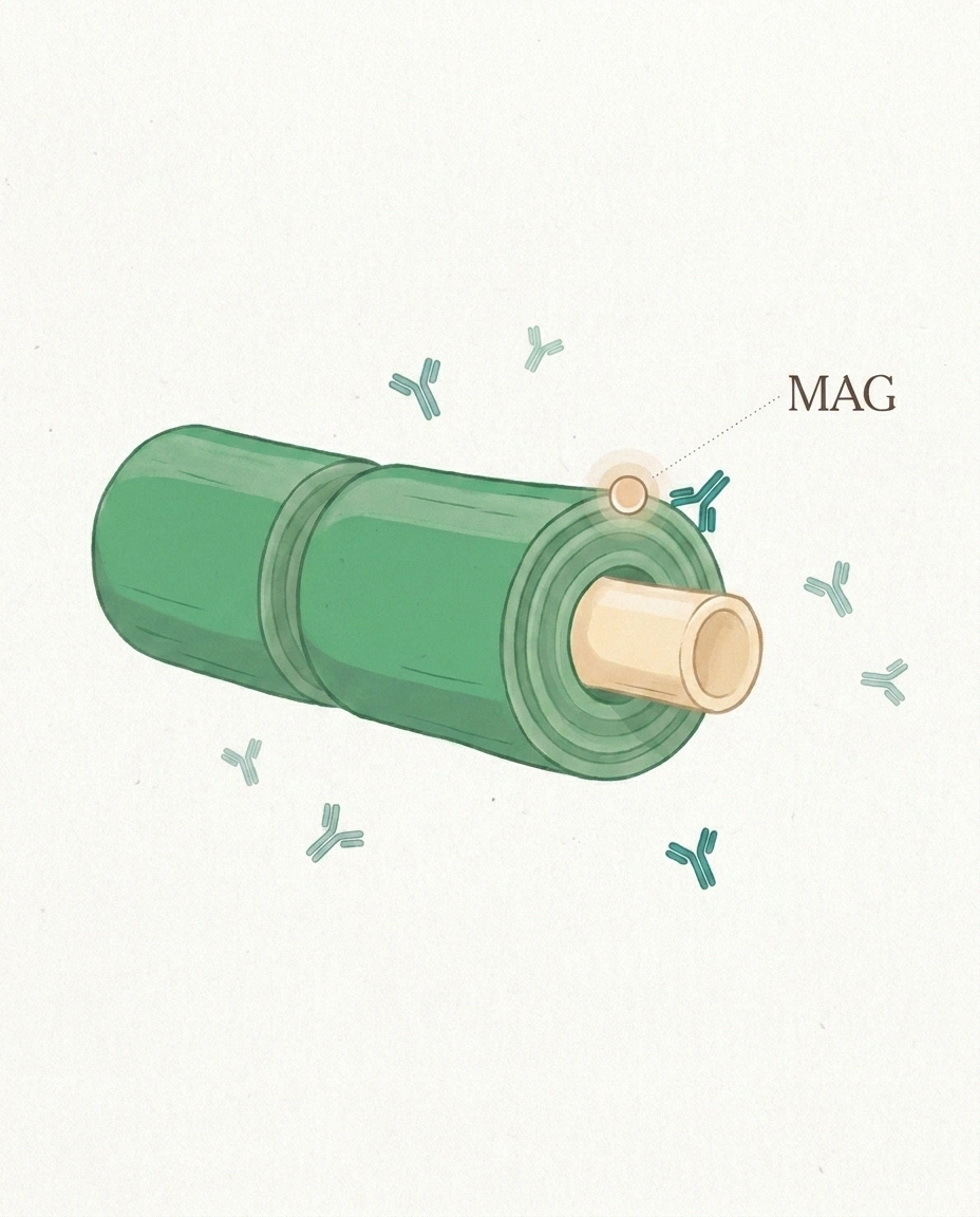 Illustration showing anti-MAG antibodies binding to myelin-associated glycoprotein on a peripheral nerve sheath.