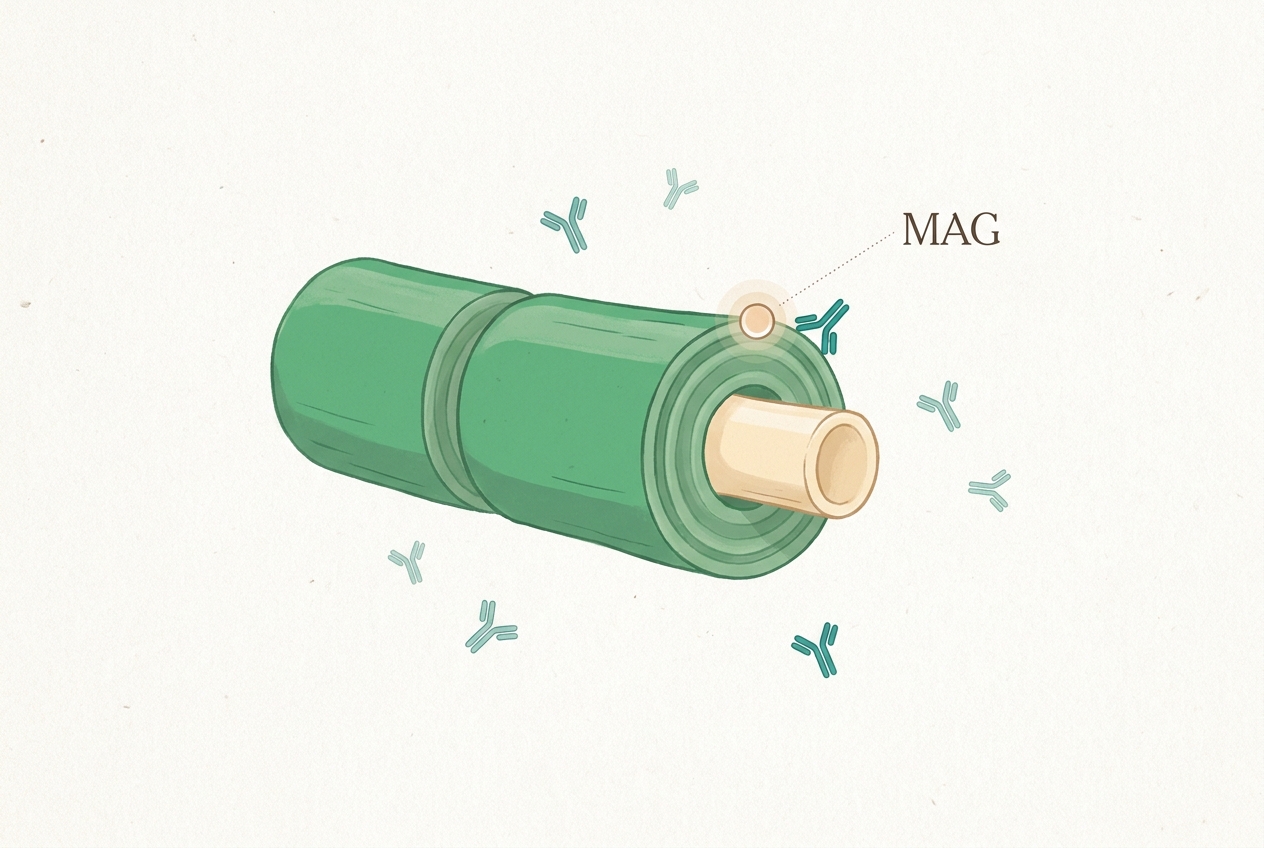 Illustration showing anti-MAG antibodies binding to myelin-associated glycoprotein on a peripheral nerve sheath.