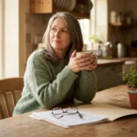 Woman in her 50s at a kitchen table reviewing lab results while considering an MGUS neuropathy diagnosis.