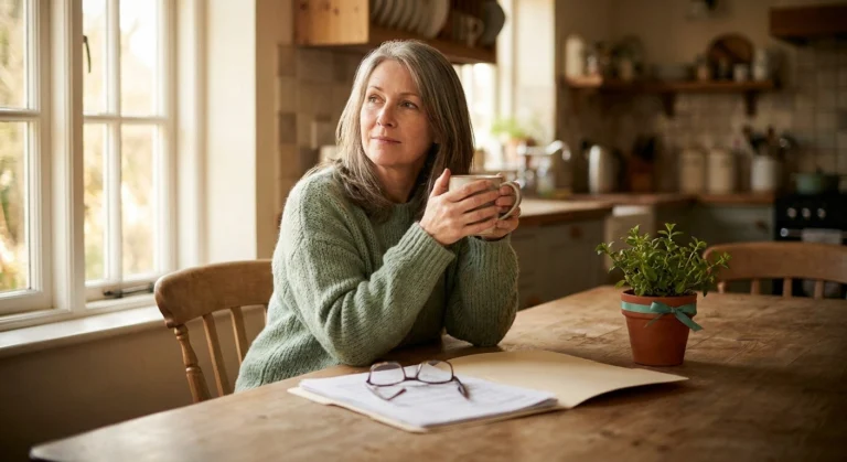 Woman in her 50s at a kitchen table reviewing lab results while considering an MGUS neuropathy diagnosis.