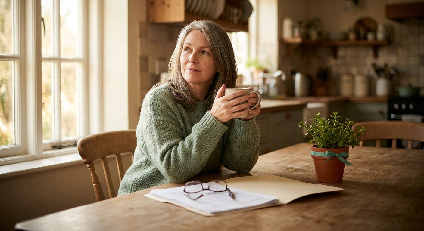 Woman in her 50s at a kitchen table reviewing lab results while considering an MGUS neuropathy diagnosis.