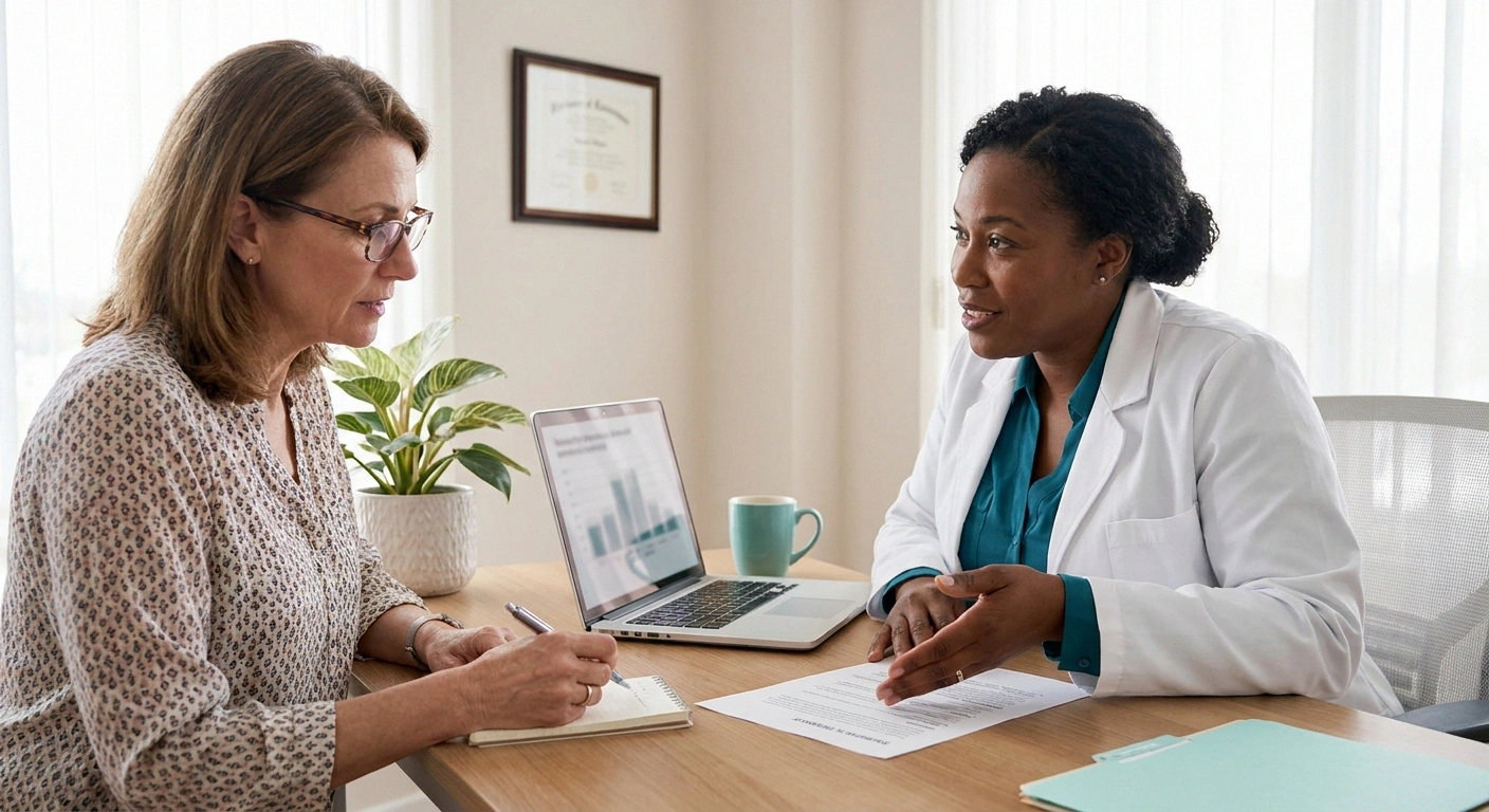 Woman in her 50s discussing IgM MGUS neuropathy results with her hematologist during a follow-up appointment.