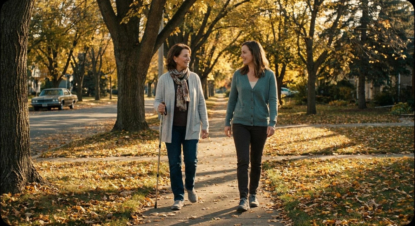 Older woman walking outdoors with her adult daughter while managing MGUS-related balance changes.