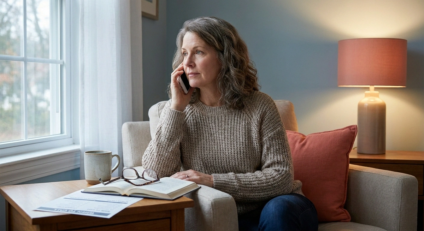 Woman calmly calling her hematologist after noticing a red-flag symptom of worsening MGUS neuropathy.