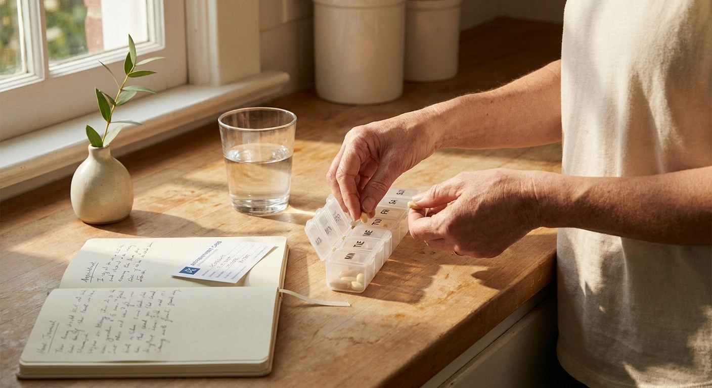 Woman organizing a weekly medication planner as part of her MGUS neuropathy treatment routine.