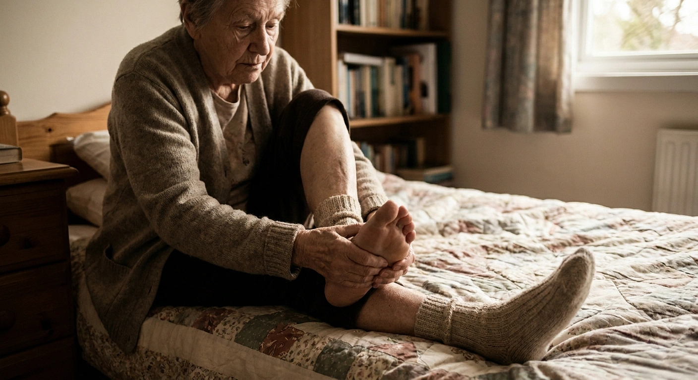 Older person examining the ball of their own foot to distinguish structural foot problems from neuropathy sensation