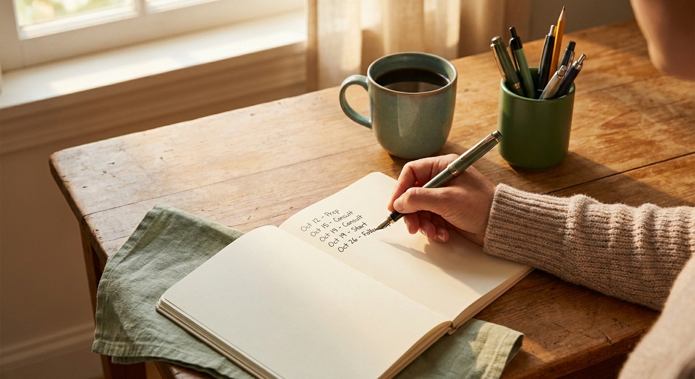 Hand writing a dated symptom timeline in a notebook at a sunlit kitchen table in preparation for a neurology appointment.