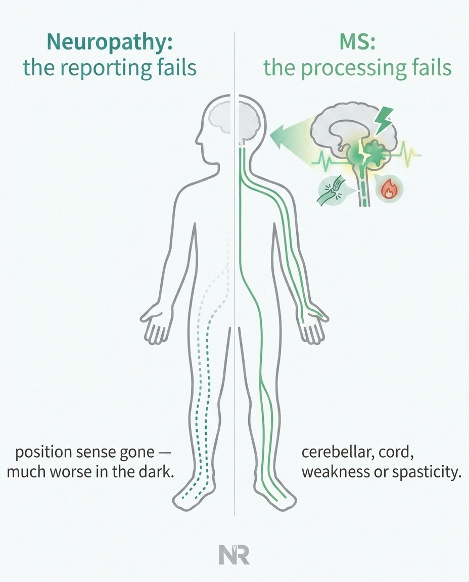 Infographic contrasting balance loss in neuropathy from failed position-sense signals with balance loss in MS from disrupted central processing.