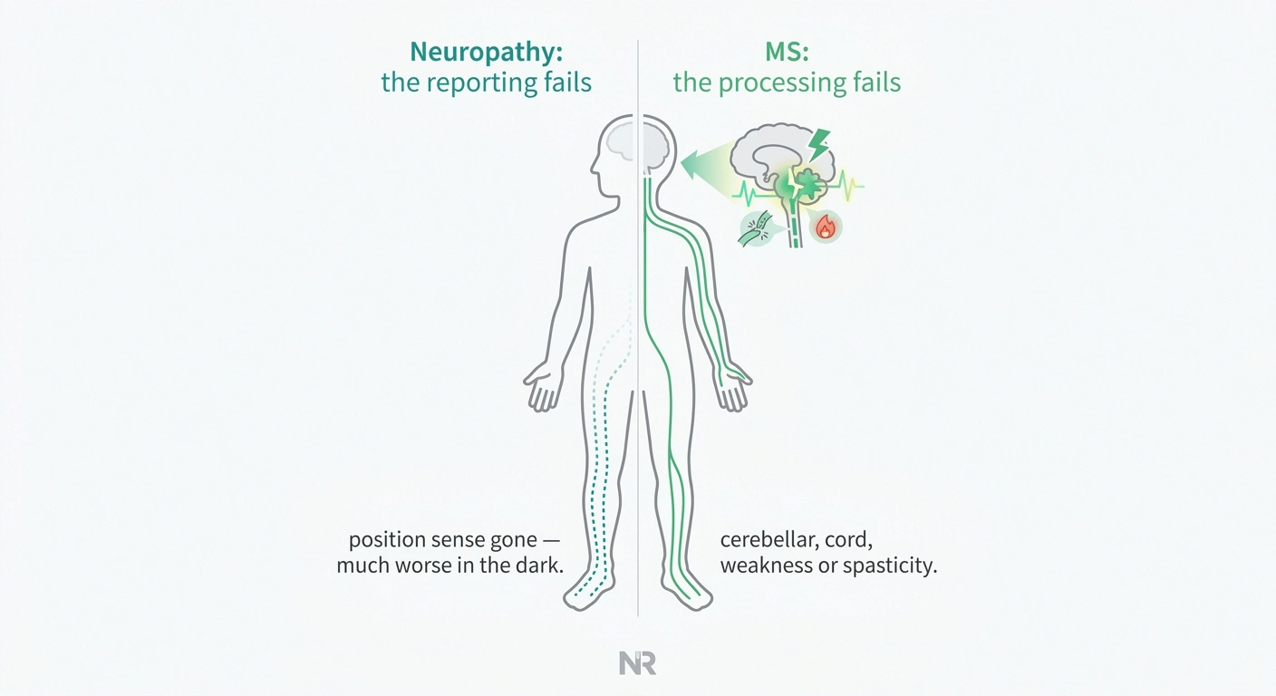 Infographic contrasting balance loss in neuropathy from failed position-sense signals with balance loss in MS from disrupted central processing.