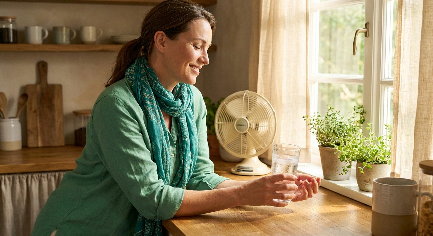 Woman in her forties cooling down at a sunlit kitchen window with a glass of iced water against her wrist, a small fan nearby.