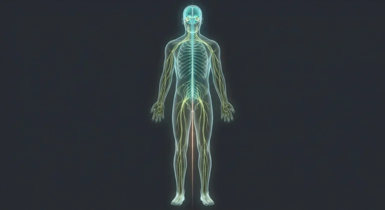 Illustration of a human figure showing the central nervous system glowing in teal and the peripheral nerves branching to hands and feet in green.