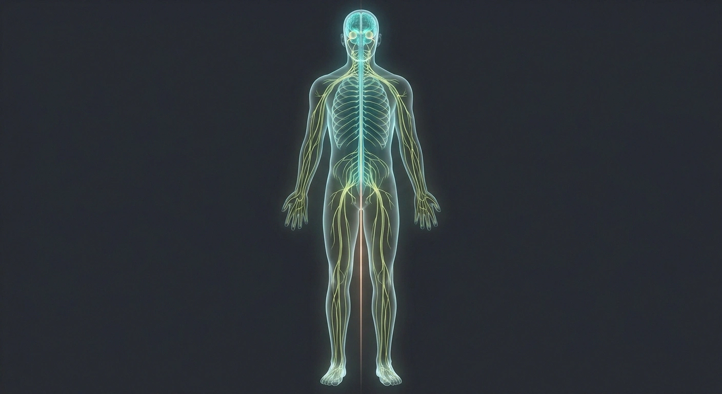 Illustration of a human figure showing the central nervous system glowing in teal and the peripheral nerves branching to hands and feet in green.