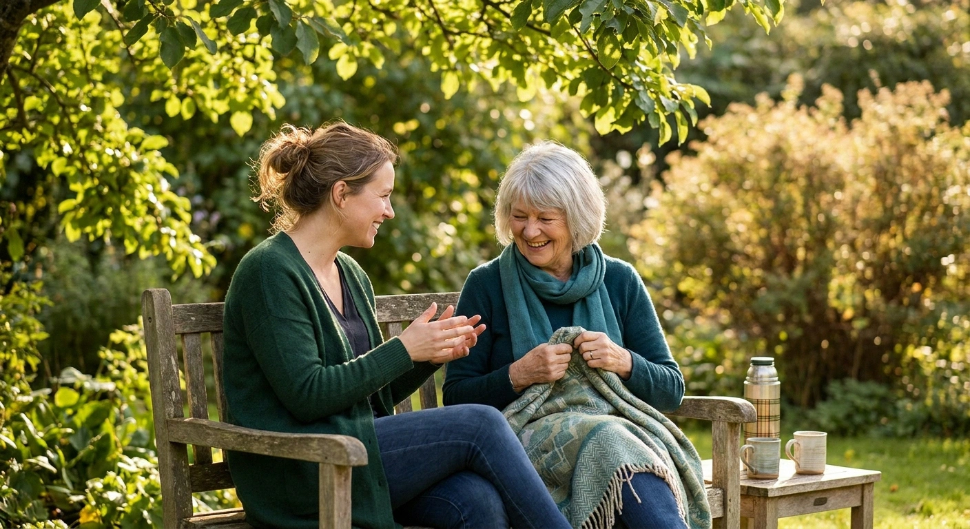 A woman in her thirties and a woman in her sixties talking together on a garden bench in dappled afternoon light.