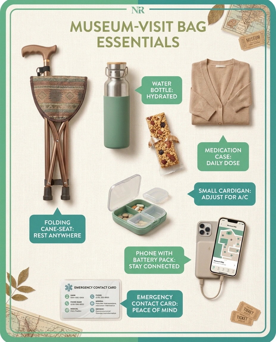 Flat-lay of museum visit bag essentials including cane-seat, water bottle, snack, medications, cardigan, phone, and contact card.