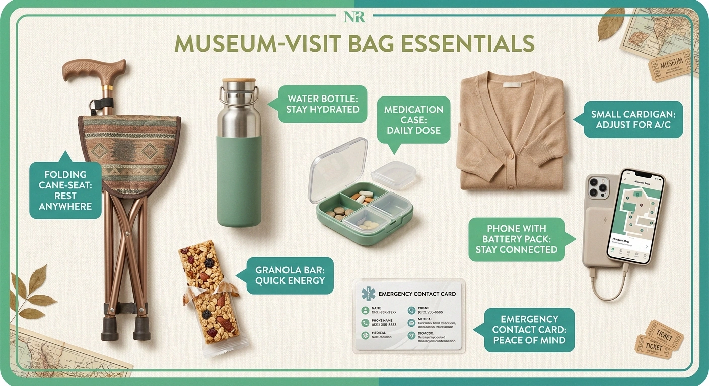 Flat-lay of museum visit bag essentials including cane-seat, water bottle, snack, medications, cardigan, phone, and contact card.
