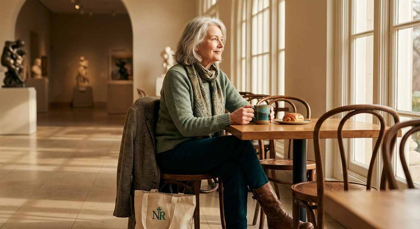 Older adult resting at a museum café table with coffee, coat over the chair, in warm window light.