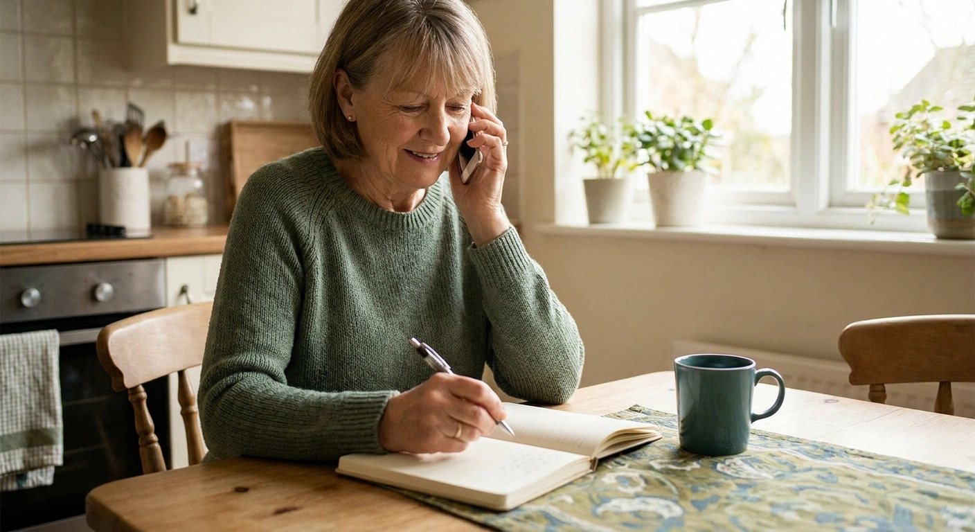 Older adult calmly making a phone call at her kitchen table with a notebook open, planning a museum visit.