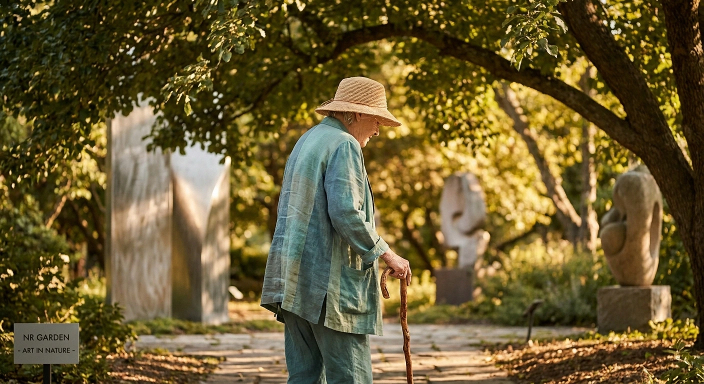 Older adult walking a shaded path in an outdoor sculpture garden, using a cane and wearing a sun hat.
