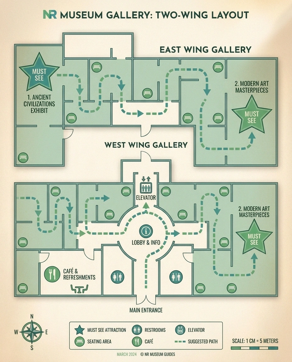 Stylized museum floor plan with marked benches, restrooms, café, elevator, and a suggested visit path between two must-see exhibits.