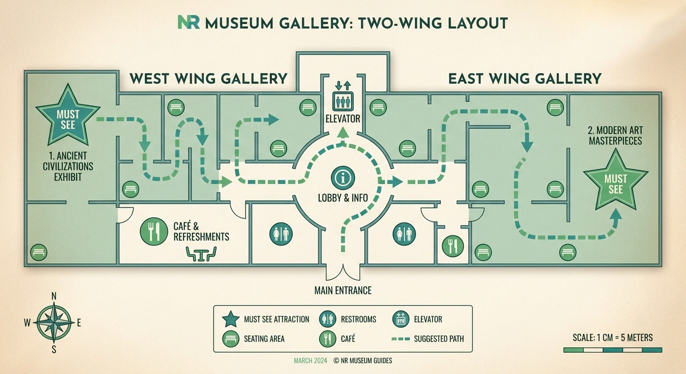 Stylized museum floor plan with marked benches, restrooms, café, elevator, and a suggested visit path between two must-see exhibits.