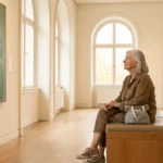 Older adult sitting on a gallery bench in soft morning light, thoughtfully viewing a large painting.