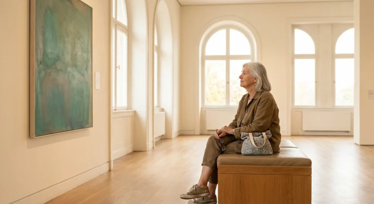 Older adult sitting on a gallery bench in soft morning light, thoughtfully viewing a large painting.