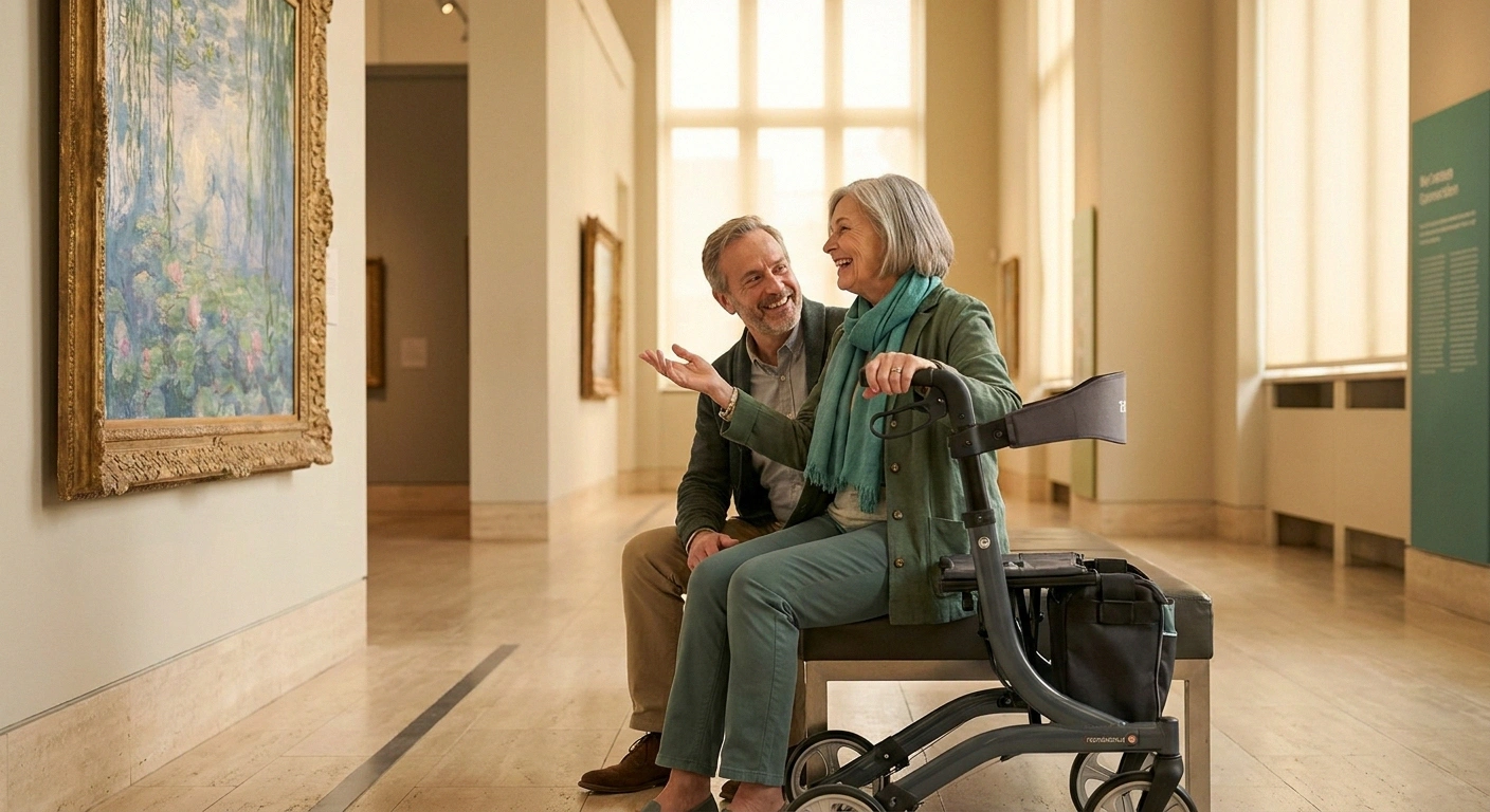 Older adult using a rollator with a built-in seat in a museum gallery, engaged in conversation about a painting with a companion.