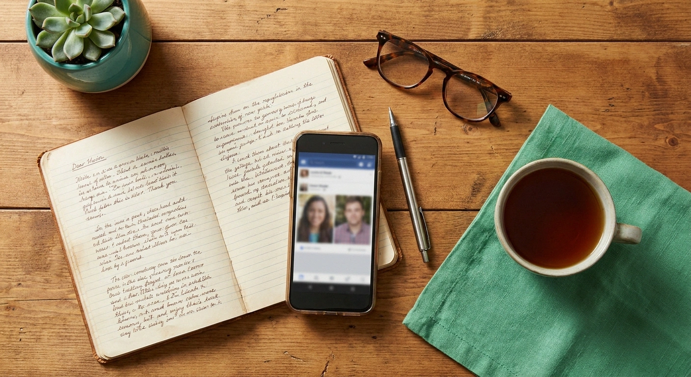 Overhead view of a kitchen table with a handwritten symptom log, reading glasses, tea, and a phone showing two comparison photographs.