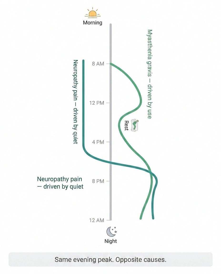 Day-long timeline chart comparing myasthenia gravis weakness that rises with activity and dips after rest against neuropathy pain that rises in the quiet evening hours.