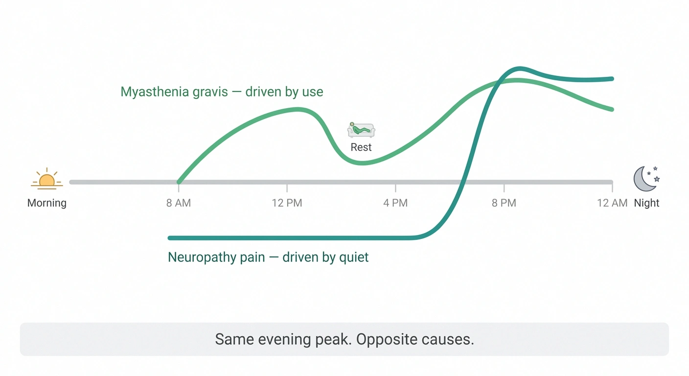 Day-long timeline chart comparing myasthenia gravis weakness that rises with activity and dips after rest against neuropathy pain that rises in the quiet evening hours.