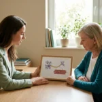Neurologist seated beside a woman in her sixties in a bright consultation room, reviewing a nerve and muscle diagram together.