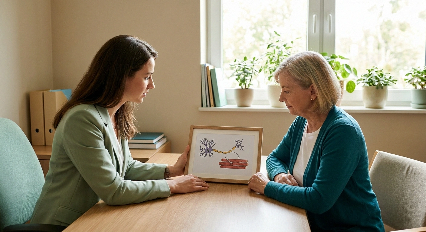 Neurologist seated beside a woman in her sixties in a bright consultation room, reviewing a nerve and muscle diagram together.