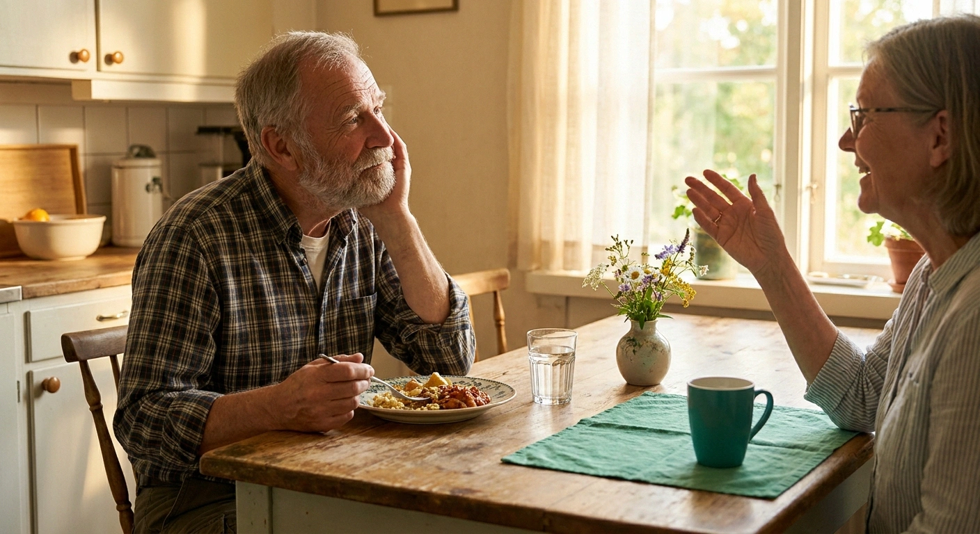 Older man pausing mid-meal at a sunlit kitchen table with his partner across from him, resting his jaw for a moment.