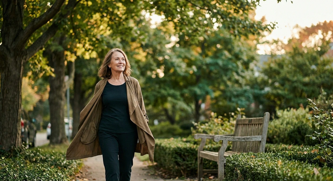 Woman in her sixties walking with steady purpose along a tree-lined path in warm late-afternoon light.