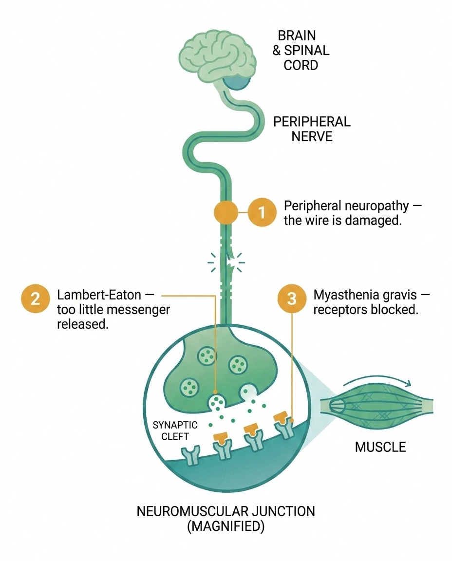 Diagram of a nerve signal pathway marking three failure points: nerve damage in neuropathy, reduced messenger release in Lambert-Eaton, and blocked receptors in myasthenia gravis.