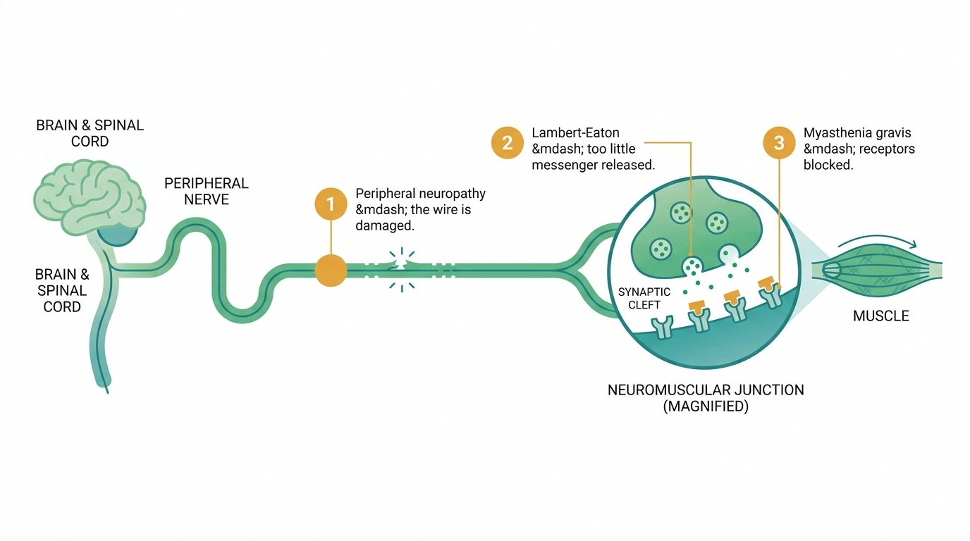 Diagram of a nerve signal pathway marking three failure points: nerve damage in neuropathy, reduced messenger release in Lambert-Eaton, and blocked receptors in myasthenia gravis.