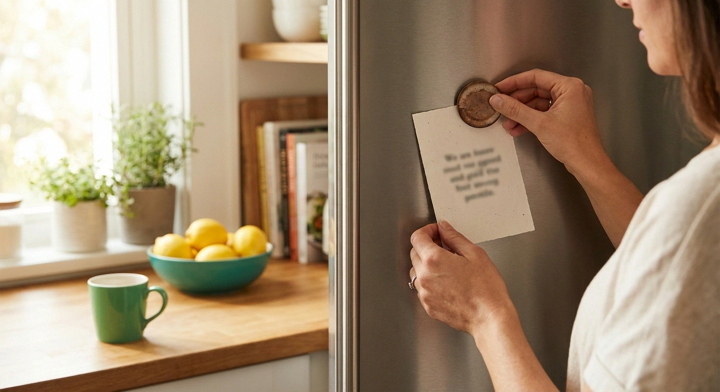 Hands attaching a simple printed warning-signs card to a refrigerator door in a bright home kitchen.