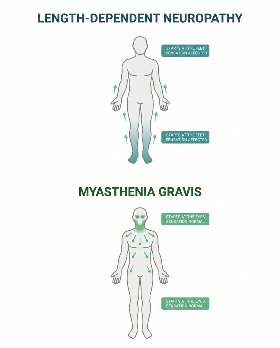 Two body diagrams comparing neuropathy starting at the feet and spreading upward with myasthenia gravis starting at the eyes and spreading downward.