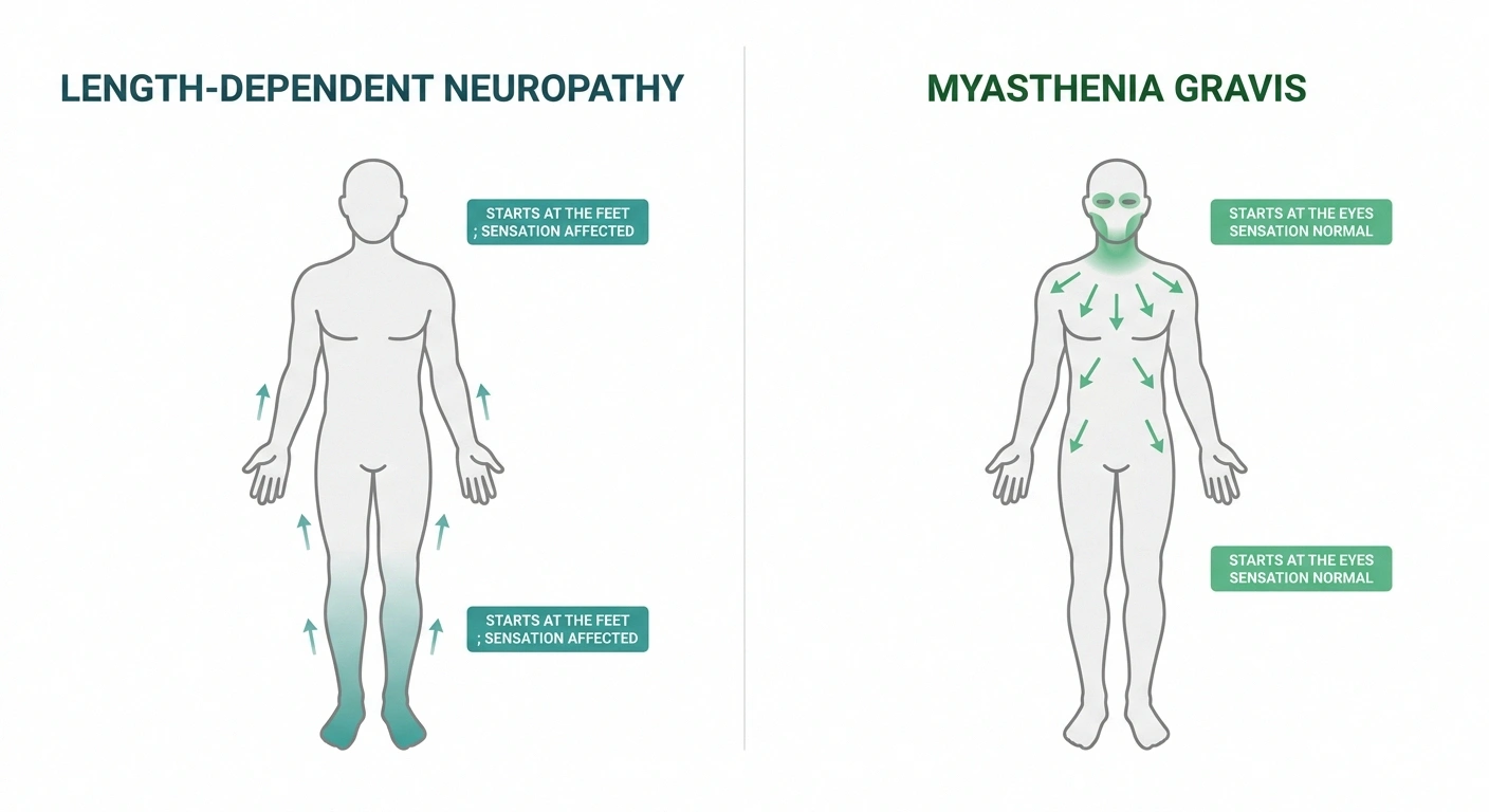 Two body diagrams comparing neuropathy starting at the feet and spreading upward with myasthenia gravis starting at the eyes and spreading downward.