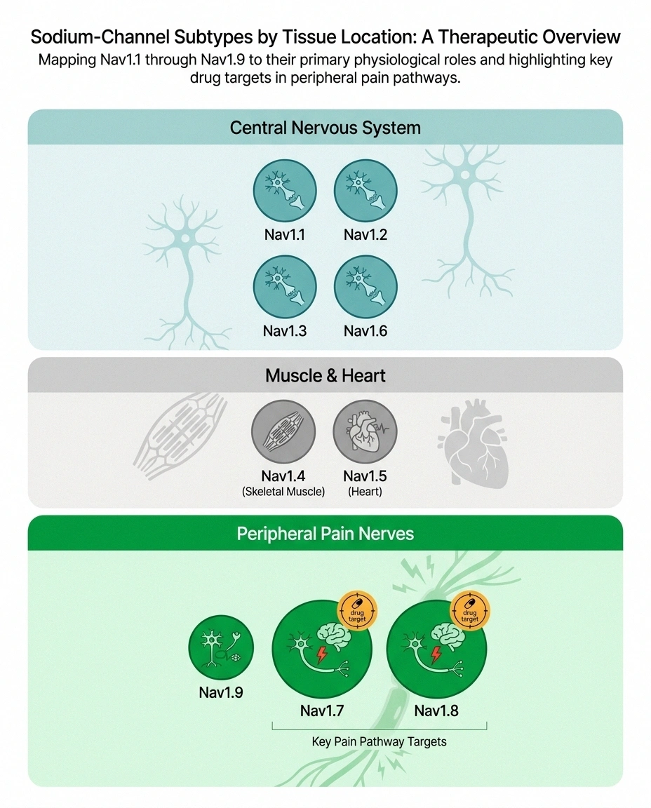 Family tree of the nine human sodium channel subtypes showing which live in the brain, muscle, heart, and peripheral pain nerves