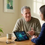 Older patient with chronic nerve pain reviewing new Nav1.8 sodium channel drug options with a family member