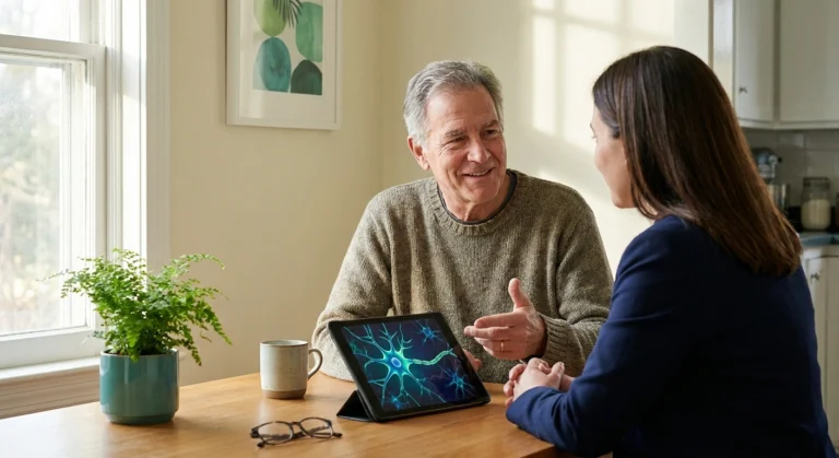 Older patient with chronic nerve pain reviewing new Nav1.8 sodium channel drug options with a family member