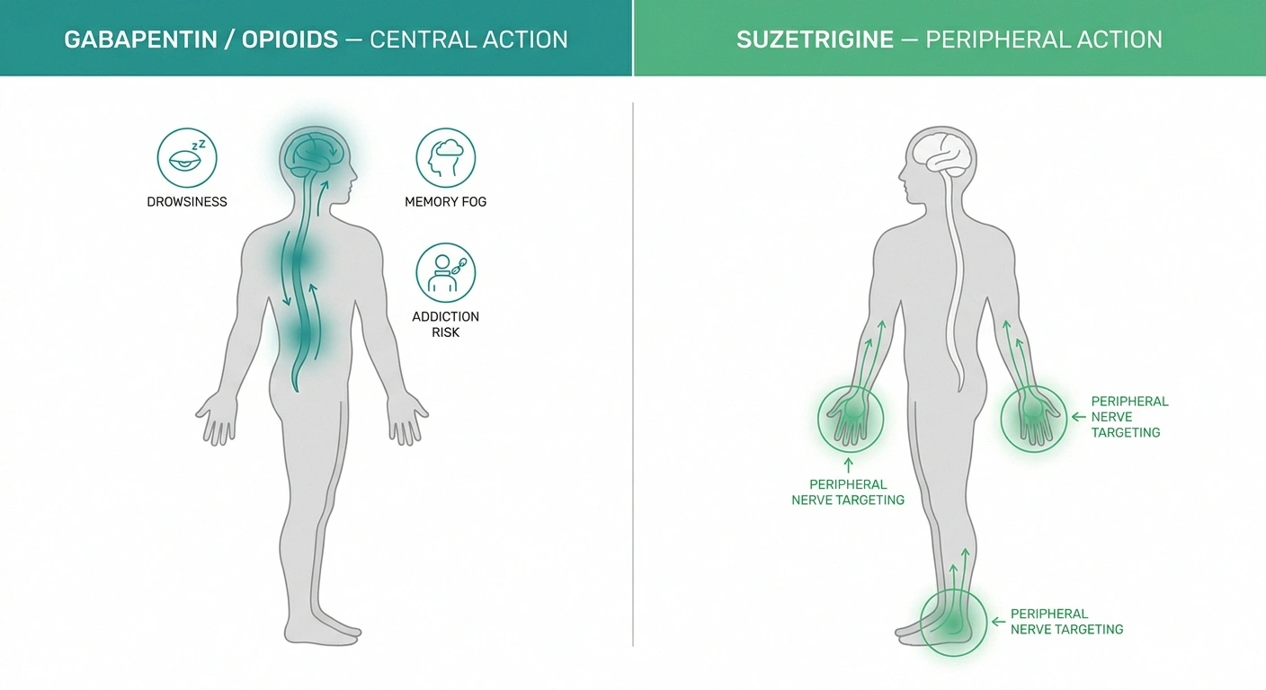 Diagram contrasting central nervous system action of gabapentin and opioids with the peripheral pain nerve action of suzetrigine and Nav1.8 drugs