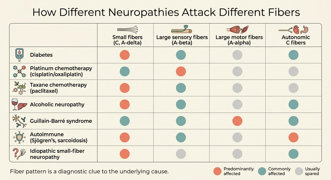 A grid infographic mapping seven common neuropathies to the fiber types they attack (small fibers, large sensory, large motor, autonomic) with colored severity dots.