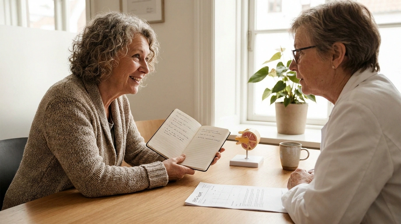 A woman in her mid-60s asks her neurologist a specific question about nerve fiber types during a follow-up consultation, holding a small notebook with prepared questions.