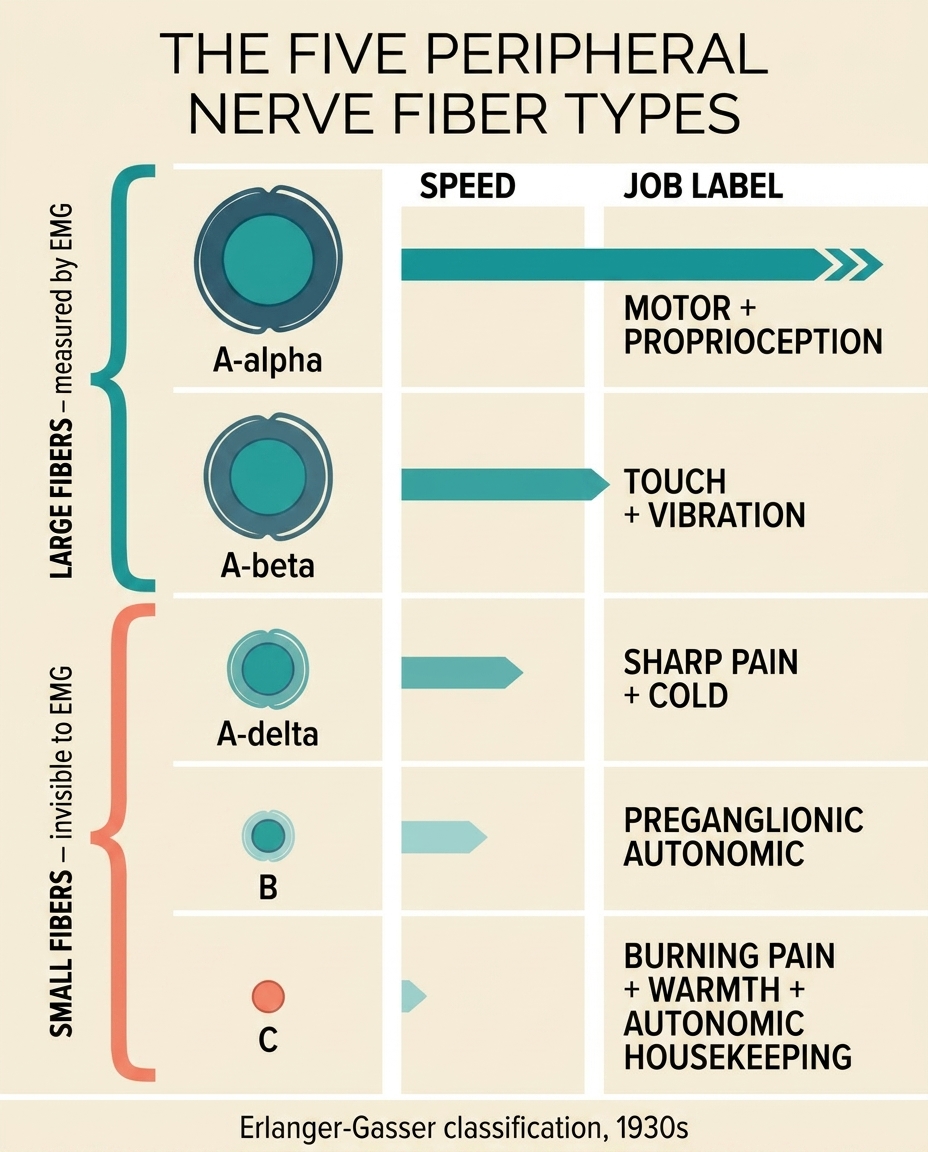 An infographic showing the five peripheral nerve fiber types (A-alpha, A-beta, A-delta, B, C) with their proportional size, myelination, conduction speed, and job, grouping small and large fibers.