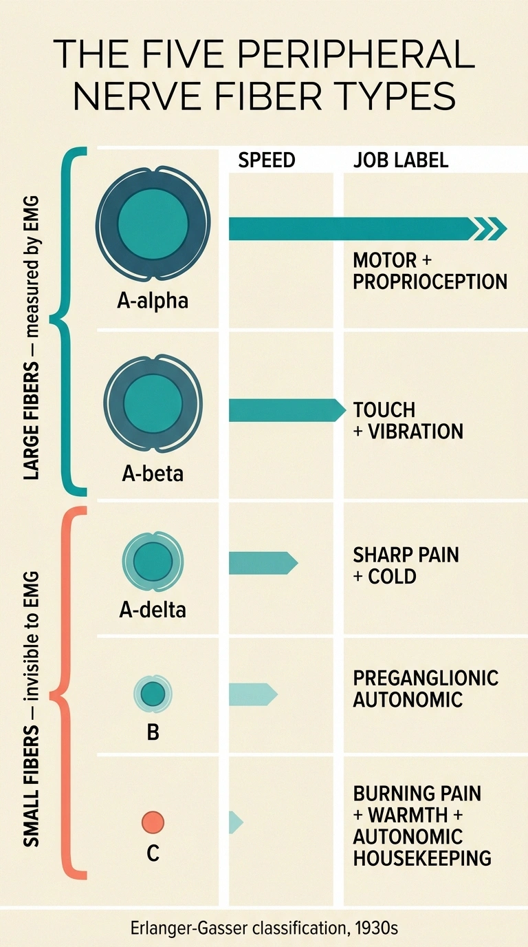 An infographic showing the five peripheral nerve fiber types (A-alpha, A-beta, A-delta, B, C) with their proportional size, myelination, conduction speed, and job, grouping small and large fibers.