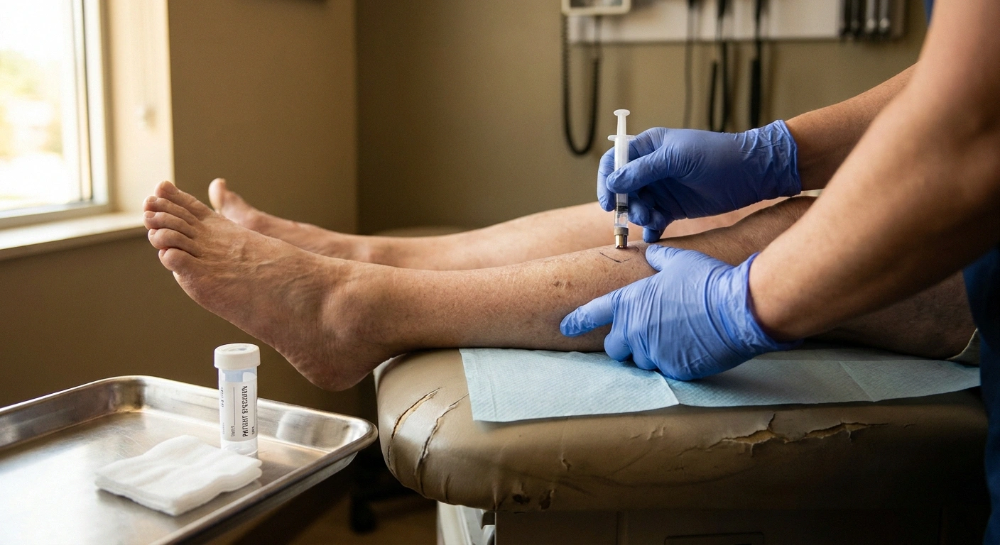 A clinician's gloved hands prepare a small 3-millimeter skin punch biopsy on the outer calf of an older patient to evaluate for small-fiber neuropathy.