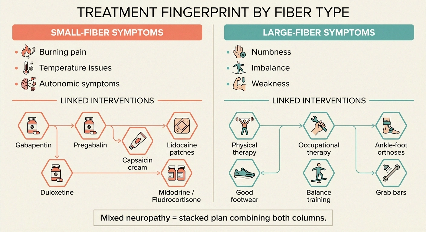 A two-column infographic mapping small-fiber neuropathy symptoms to their medication interventions and large-fiber symptoms to their physical-therapy interventions.