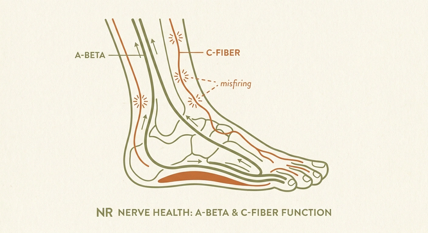 Editorial illustration showing large A-beta and small C-fiber nerves in the sole of a foot with neuropathy